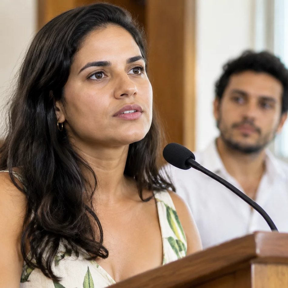 Microfone deitado na mesa, com a roda de participantes desfocada ao fundo